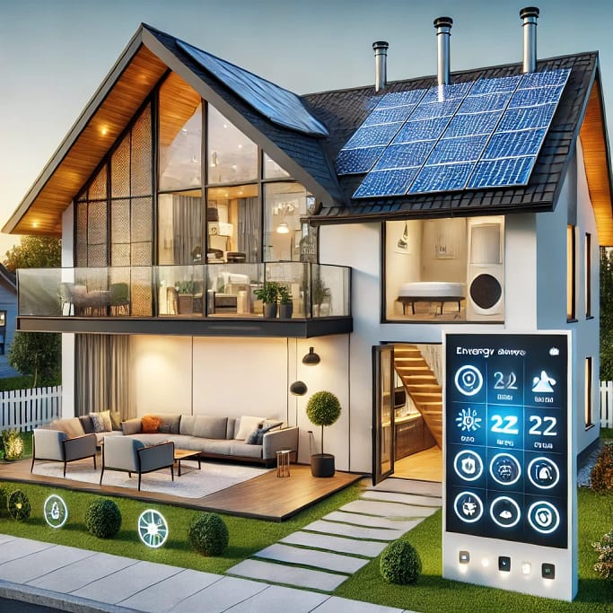 DALL·E 2025-02-03 13.13.05 - A modern smart home with integrated automation systems. The house features solar panels on the roof, a heat pump system, and energy-efficient windows