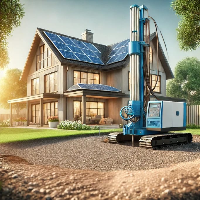DALL·E 2025-02-03 13.13.10 - A realistic depiction of a geothermal heating system installation for a residential home in daylight. The image shows drilling equipment in the ground